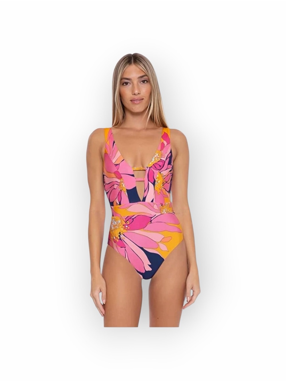 Trina Turk Floral Plunge Maillot One Piece Swimsuit Pink Orange Navy Size 4 NWOT